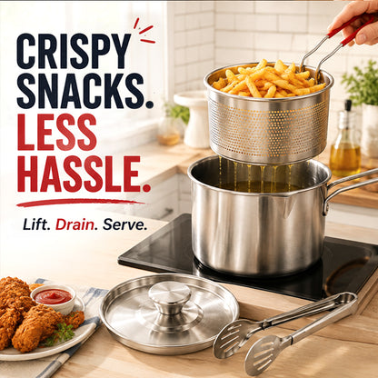 2026🔥🍟 Personal Mini Deep Fryer Set – Stainless Steel Pot with Lift-Out Draining Basket & Food Tongs