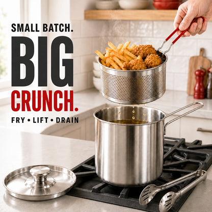 2026🔥🍟 Personal Mini Deep Fryer Set – Stainless Steel Pot with Lift-Out Draining Basket & Food Tongs