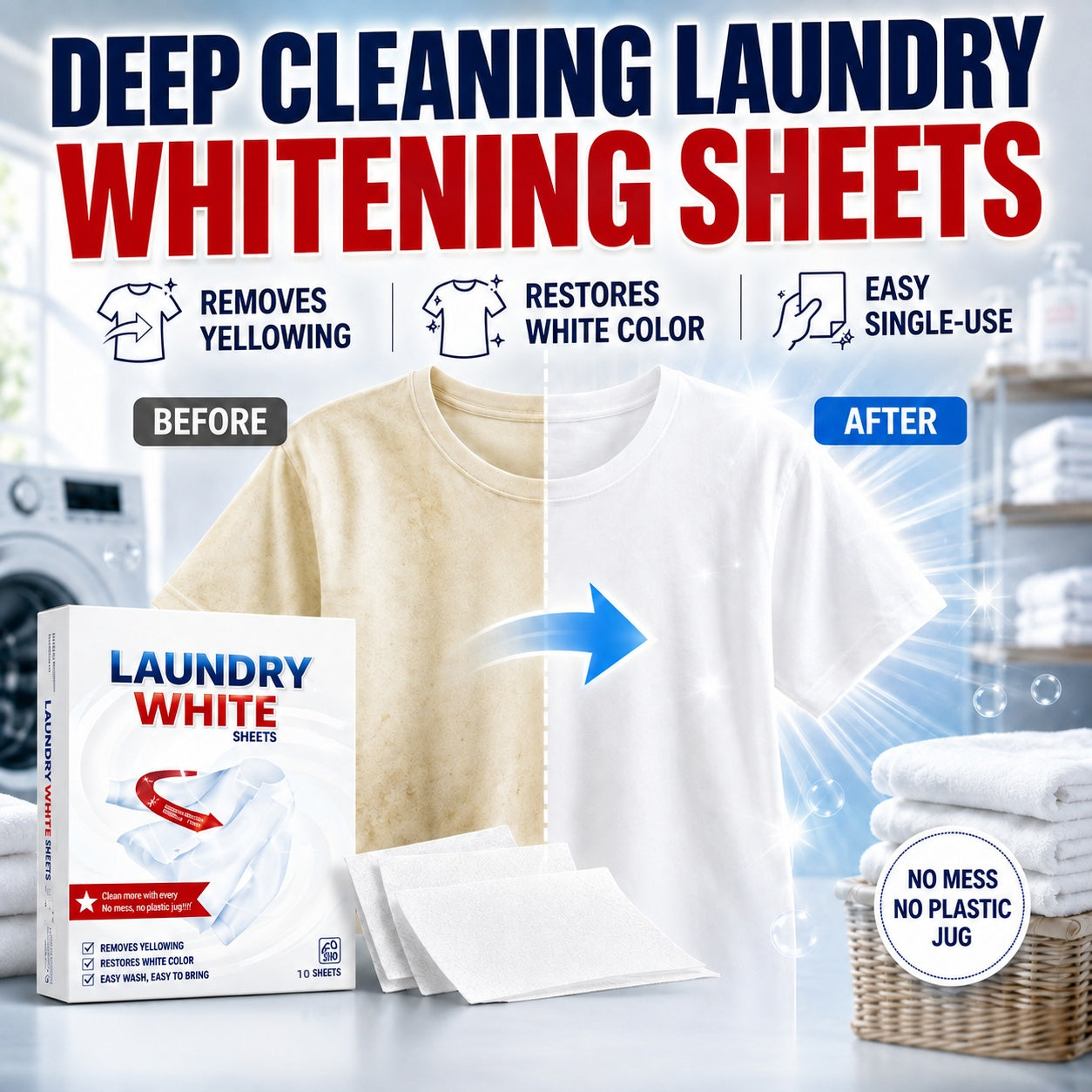 🔥💥 Deep Cleaning Laundry Whitening Sheets ✨🧺 Powerful Stain Remover Brightening Fabric Laundry Cleaning Sheets